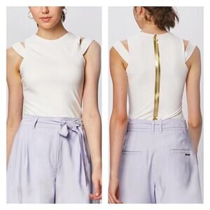 Emma Wallace Jessica Sleeveless Top in White with Back Gold Zip Panel Size US4